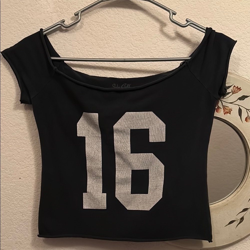 Black Off-Shoulder Top with Number Print